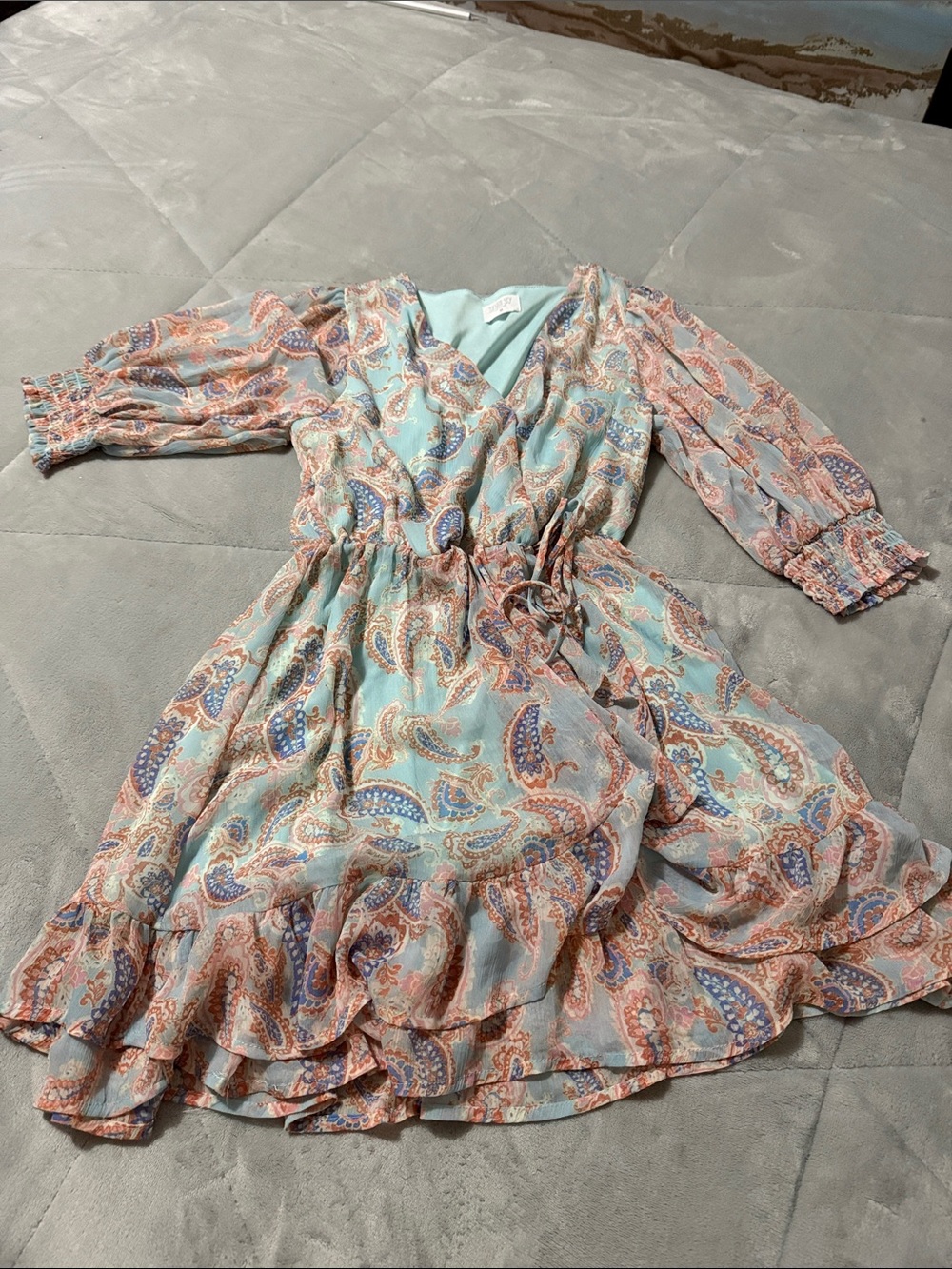 Sienna Sky Paisley Wrap Dress in Mint and Peach